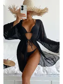 Angelsin Uzun Önden Bağlamalı Plaj Elbisesi Pareo Kimono Angelsin MS 4363 Siyah