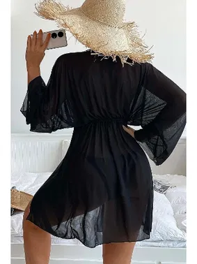 Angelsin Uzun Önden Bağlamalı Plaj Elbisesi Pareo Kimono Angelsin MS 4363 Siyah - Alternatif Görünüm