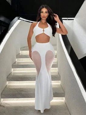 Pink Night Uzun Transparan Detaylı Beyaz Seksi Kadın Elbise Pink Night 5509