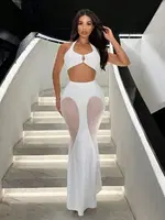 Uzun Transparan Detaylı Beyaz Seksi Kadın Elbise Pink Night 5509 Beyaz