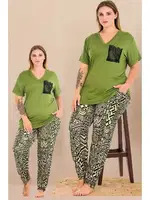 V Yaka Çepli Büyük Beden Yeşil Pijama Takımı Lady 11002