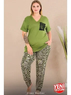 Lady V Yaka Çepli Büyük Beden Yeşil Pijama Takımı Lady 11002 - Alternatif Görünüm