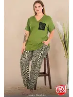 V Yaka Çepli Büyük Beden Yeşil Pijama Takımı Lady 11002 farklı açı