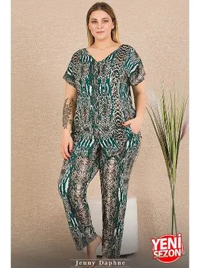 Lady V Yaka Kısa Kollu Desenli Büyük Beden Kadın Pijama Takımı Lady 11030