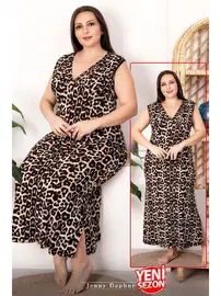 Lady V Yaka Leopar Desenli Sıfır Kollu Büyük Beden Elbise Lady 7250