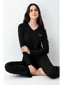 Pierre Cardin V Yaka Siyah Cepli Uzun Kollu Kadın Pijama Takımı Pierre Cardin PC9070-S