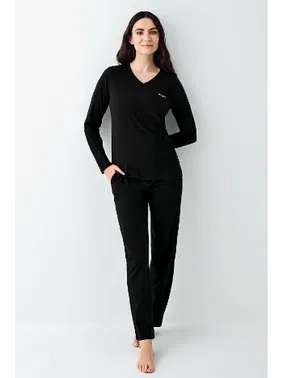 Pierre Cardin V Yaka Siyah Cepli Uzun Kollu Kadın Pijama Takımı Pierre Cardin PC9070-S - Alternatif Görünüm