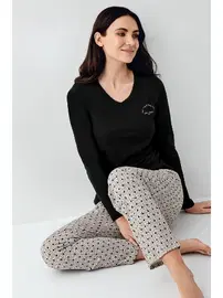 Pierre Cardin V Yaka Siyah Uzun Kollu Cepli Kadın Pijama Takımı Pierre Cardin PC9101-S