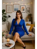 V Yaka Uzun Kollu Mini Elbise Venlisa 9402 Mavi görsel 9