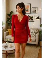 V Yaka Uzun Kollu Mini Elbise Venlisa 9402 Kırmızı detay görünüm