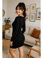 V Yaka Uzun Kollu Mini Elbise Venlisa 9402 Siyah görsel 7