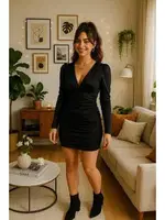 V Yaka Uzun Kollu Mini Elbise Venlisa 9402 Siyah görsel 4