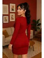 V Yaka Uzun Kollu Mini Elbise Venlisa 9402 Kırmızı farklı açı