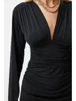 V Yaka Uzun Kollu Mini Elbise Venlisa 9402 Siyah görsel 5