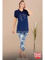 V Yaka Viskon Kısa Kollu Desenli Kadın Pijama Takımı Lady 12084 Lacivert