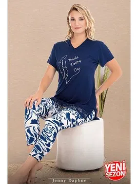 Lady V Yaka Viskon Kısa Kollu Desenli Kadın Pijama Takımı Lady 12084 - Alternatif Görünüm