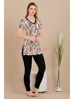 V Yaka Yırtmaçlı Kısa Kollu Taytlı Pijama Takım  Lady 12486 Siyah