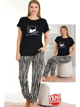 Lady Viskon Çizgi Desenli Normal Beden Bisiklet Yaka T-Shirt Pijama Takımı Lady 12560