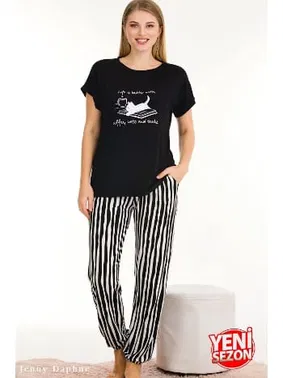 Lady Viskon Çizgi Desenli Normal Beden Bisiklet Yaka T-Shirt Pijama Takımı Lady 12560 - Alternatif Görünüm
