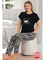 Viskon Çizgi Desenli Normal Beden Bisiklet Yaka T-Shirt Pijama Takımı Lady 12560 farklı açı