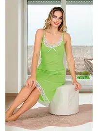 Lady Viskon Dantelli İp Askılı Midi Yeşil Kadın Tunik Gecelik  Lady 5510