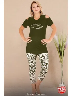 Lady Viskon Desenli Yeşil Kısa Kollu Omuzlar Açık Kapri Pijama Takımı Lady 12070 - Alternatif Görünüm