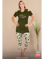 Viskon Desenli Yeşil Kısa Kollu Omuzlar Açık Kapri Pijama Takımı Lady 12070 Yeşil detay görünüm