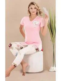 Lady Viskon Kumaş Baskılı Kısa Kollu V Yaka T-Shirt Rahat Kesim Kapri Pijama Takımı Lady 12077