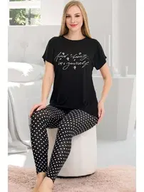 Lady Viskon Puantiyeli Bisiklet Yaka Kısa Kol T-Shirt Pijama Takımı Lady 12565
