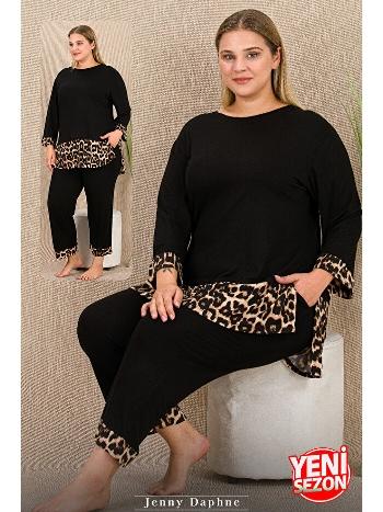 Viskon Uzun Kollu Büyük Beden Leopar Desenli Pijama Takımı Lady 11421