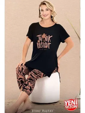 Lady Viskon V Yaka Kısa Kollu Yırtmaçlı Kapri Kadın Pijama Takımı Lady 12083 - Alternatif Görünüm