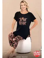 Viskon V Yaka Kısa Kollu Yırtmaçlı Kapri Kadın Pijama Takımı Lady 12083 Siyah detay görünüm