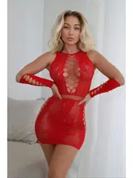 Vivaldy Kırmızı Eldivenli Elbise Erotik Vücut Çorabı Vivaldy 4351