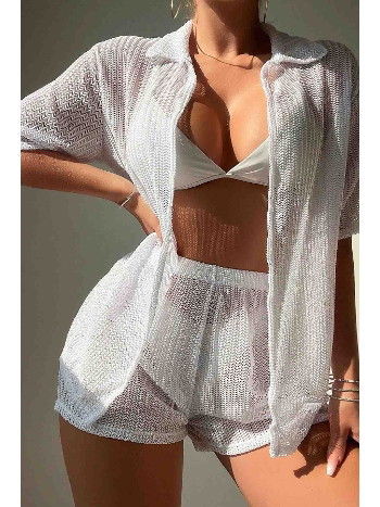Yaka Detaylı Gömlek Görünümlü Alt üst Şort Takım Plaj Elbisesi Pareo Angelsin MS 4380 Beyaz