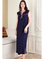 Yakası Bağlamalı Desenli Yırtmaçlı Uzun Elbise Lady 7028 Lacivert