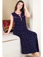 Yakası Bağlamalı Desenli Yırtmaçlı Uzun Elbise Lady 7028 Lacivert detay görünüm