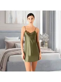 Pink Night Yakası Dantelli Ayar Askılı Kısa Saten Gecelik Pink Night 3918