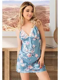 Miss Laris Yakası Dantelli Çiçekli İnce Askılı Saten Fantazi Kadın Gecelik Miss Laris 2070