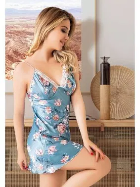 Miss Laris Yakası Dantelli Çiçekli İnce Askılı Saten Fantazi Kadın Gecelik Miss Laris 2070 - Alternatif Görünüm