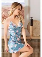 Yakası Dantelli Çiçekli İnce Askılı Saten Fantazi Kadın Gecelik Miss Laris 2070 Mavi detay görünüm