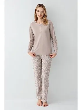 Arnetta Yakası Düğmeli Çizgili Vizon Uzun Kollu Kadın Pijama Takımı Arnetta AR3425-S