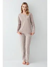 Arnetta Yakası Düğmeli Çizgili Vizon Uzun Kollu Kadın Pijama Takımı Arnetta AR3425-S