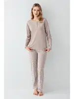 Yakası Düğmeli Çizgili Vizon Uzun Kollu Kadın Pijama Takımı Arnetta AR3425-S Vizon