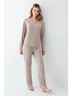 Arnetta Yakası Düğmeli Çizgili Vizon Uzun Kollu Kadın Pijama Takımı Arnetta AR3425-S - Alternatif Görünüm