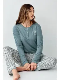 Arnetta Yakası Düğmeli Desenli Uzun Kollu Cepli Kadın Pijama Takımı Arnetta AR3406-S