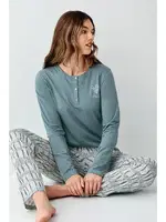 Yakası Düğmeli Desenli Uzun Kollu Cepli Kadın Pijama Takımı Arnetta AR3406-S Yeşil