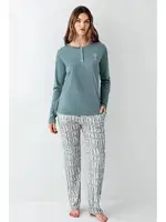 Yakası Düğmeli Desenli Uzun Kollu Cepli Kadın Pijama Takımı Arnetta AR3406-S Yeşil detay görünüm