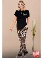Yakası Düğmeli Leopar Desenli Paçaları Dantelli Kısa Kollu Pijama Takımı Lady 12598  Siyah detay görünüm