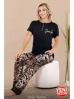 Yakası Düğmeli Leopar Desenli Paçaları Dantelli Kısa Kollu Pijama Takımı Lady 12598  Siyah farklı açı