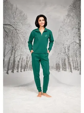 Doreanse Yakası Fermuarlı Çiçek İşlemeli Kadın T-shirt Pantolon Takım Doreanse 26K4103